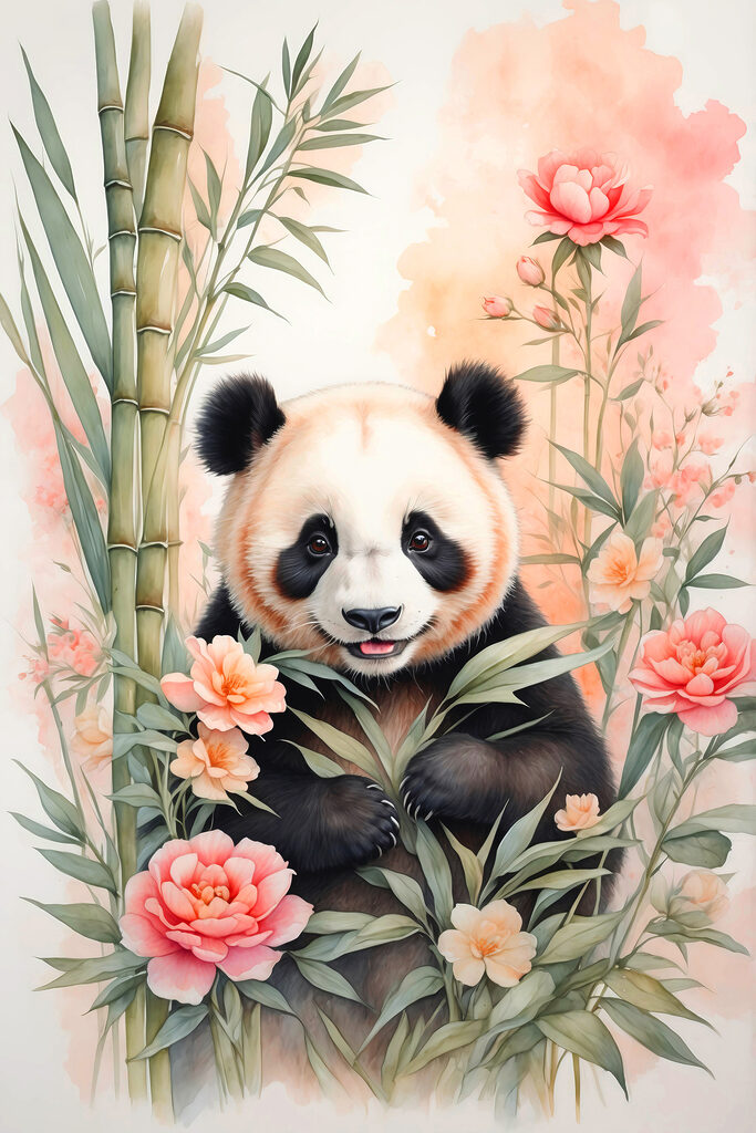 Panda bear with flowers and bamboo