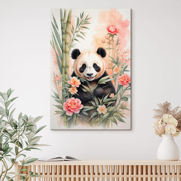 Medveď panda s kvetmi a bambusom Medveď panda s kvetmi a bambusom