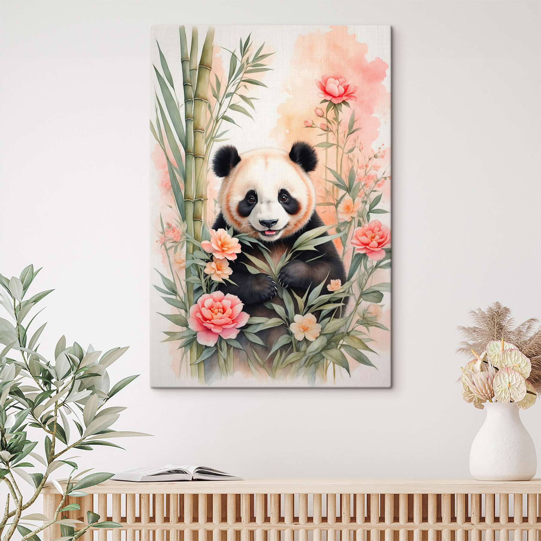 Panda bear with flowers and bamboo
