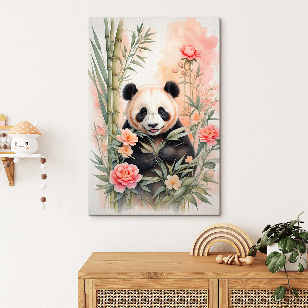 Panda bear with flowers and bamboo