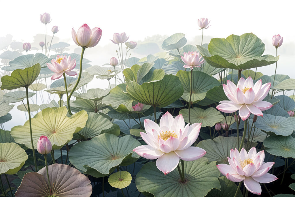 Group of pink flowers and green leaves