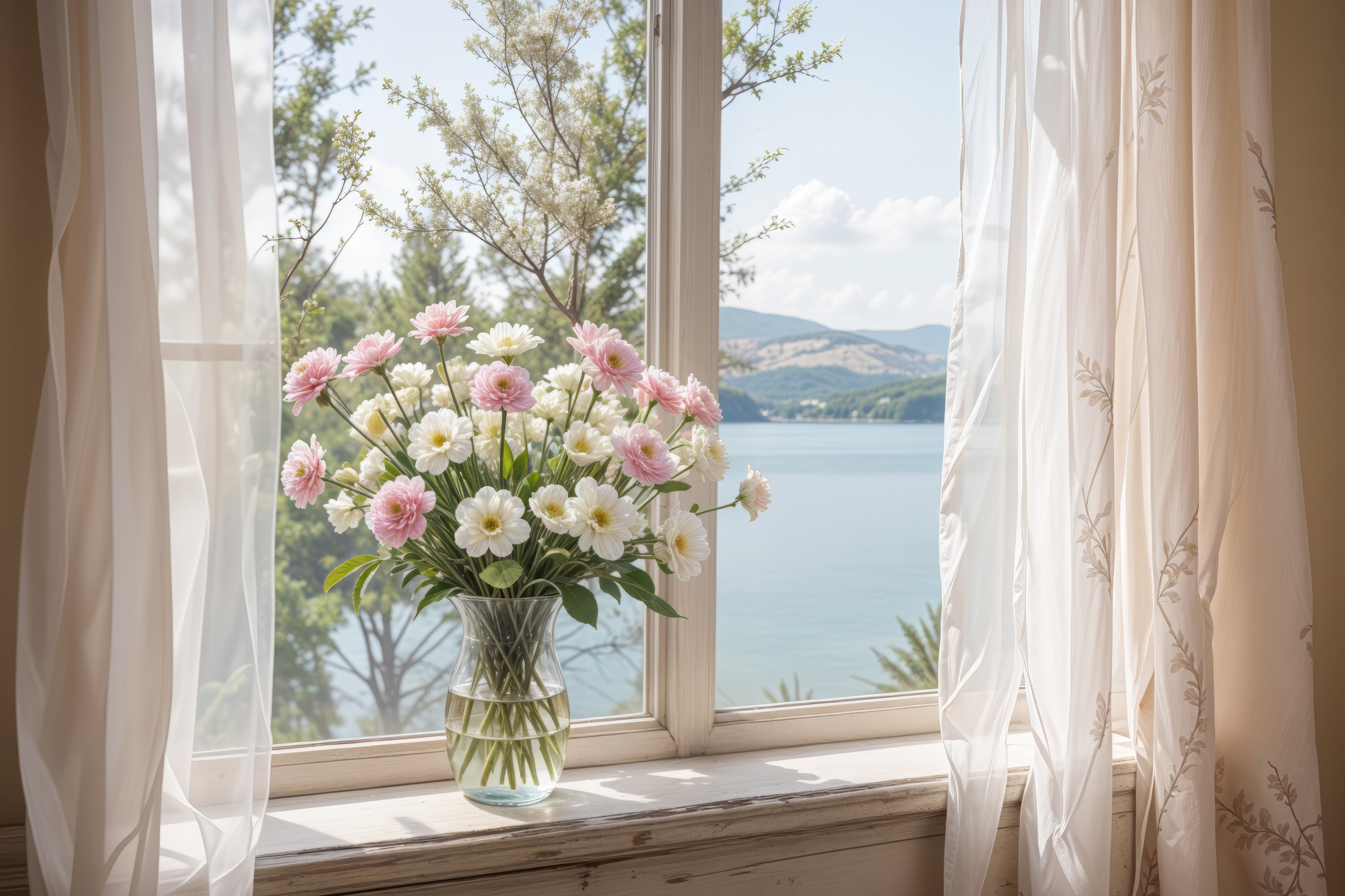 Vase of flowers in front of a window Vase of flowers in front of a window