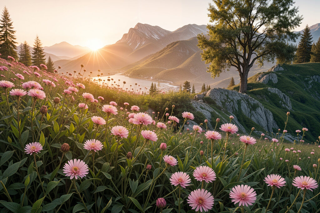 Field of pink flowers with a tree and mountains in the background Field of pink flowers with a tree and mountains in the background