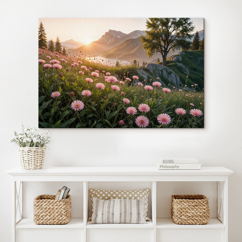 Field of pink flowers with a tree and mountains in the background Field of pink flowers with a tree and mountains in the background