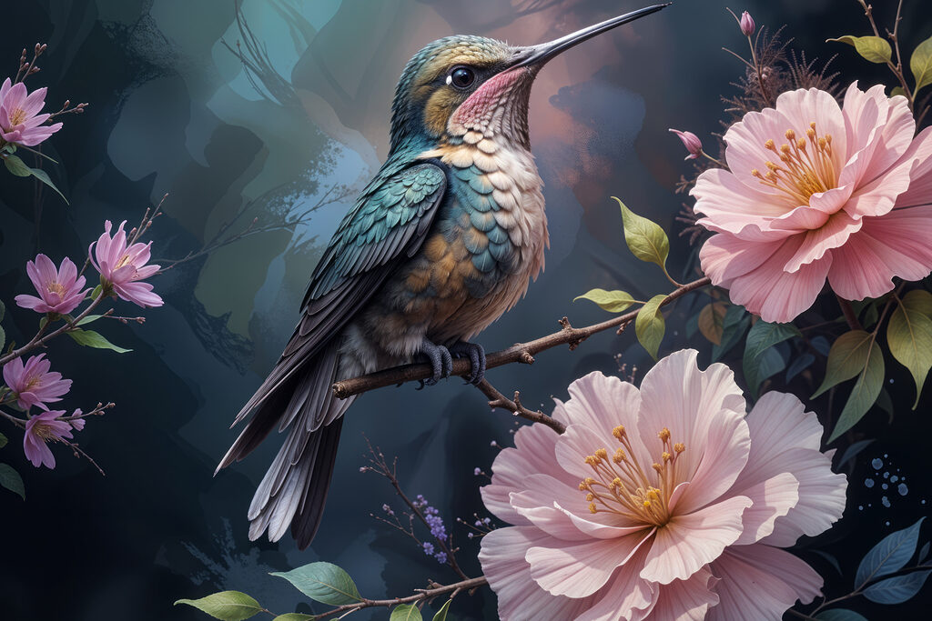 Bird sitting on a branch with flowers Bird sitting on a branch with flowers