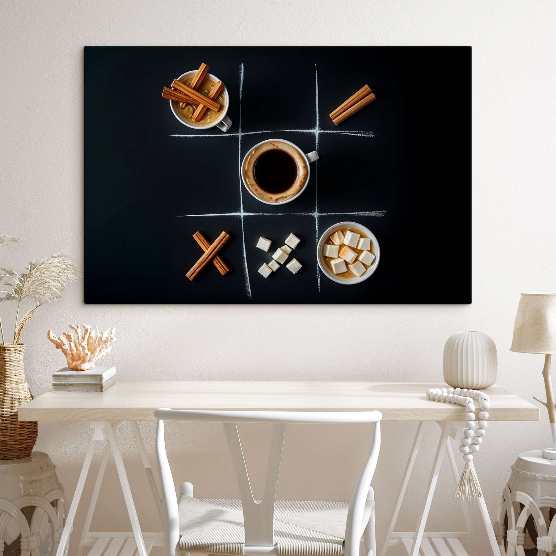 Tic tac toe game with coffee and marshmallows