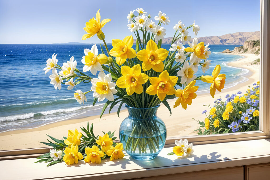 Vase of yellow and white flowers on a window sill Vase of yellow and white flowers on a window sill