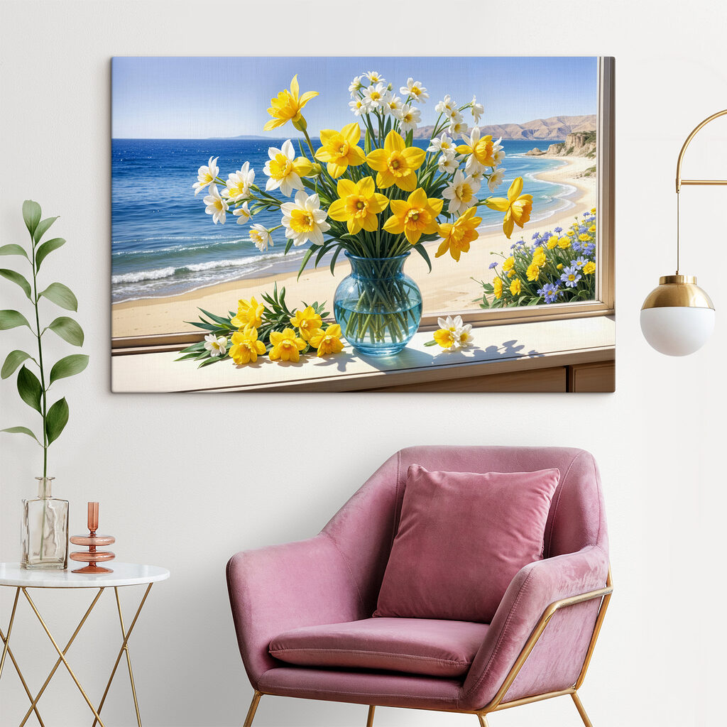 Vase of yellow and white flowers on a window sill Vase of yellow and white flowers on a window sill
