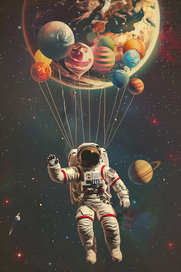 Astronaut vznášajúci sa vo vesmíre s balónmi Astronaut vznášajúci sa vo vesmíre s balónmi