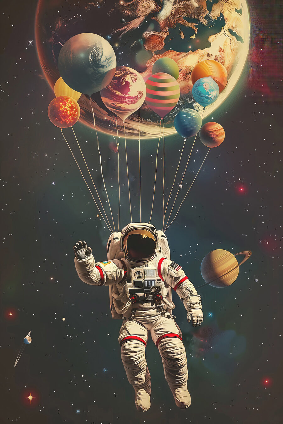Astronaut vznášajúci sa vo vesmíre s balónmi Astronaut vznášajúci sa vo vesmíre s balónmi