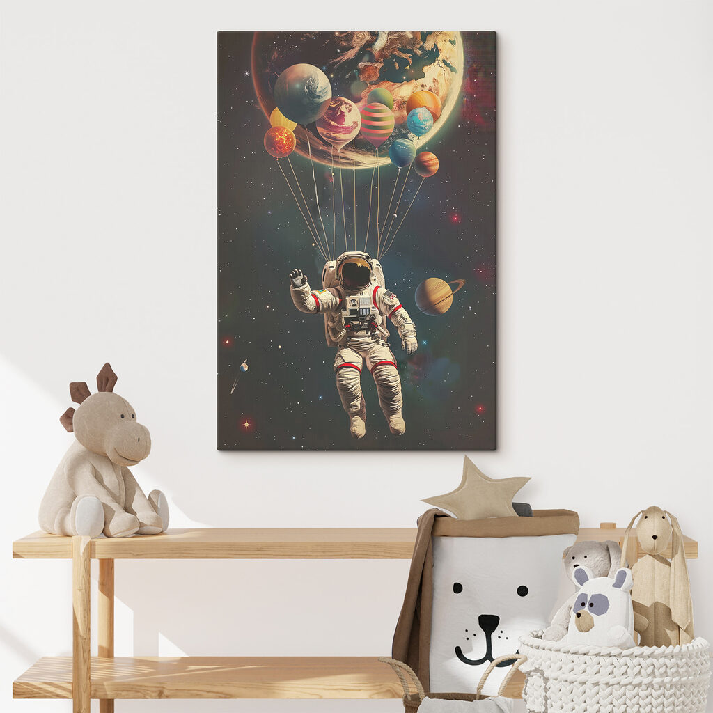 An astronaut floating in space with balloons An astronaut floating in space with balloons