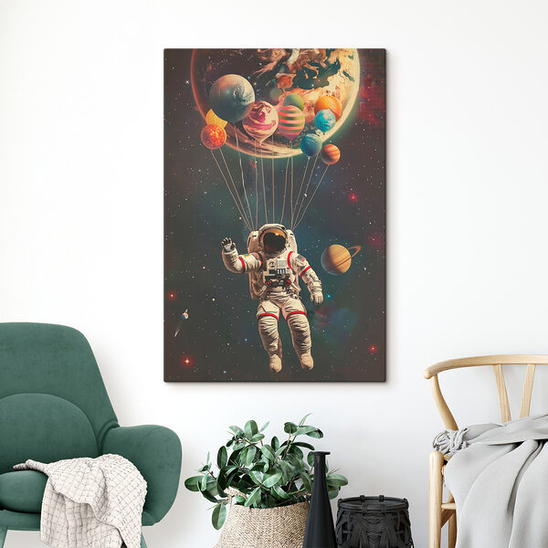 Astronaut vznášajúci sa vo vesmíre s balónmi Astronaut vznášajúci sa vo vesmíre s balónmi