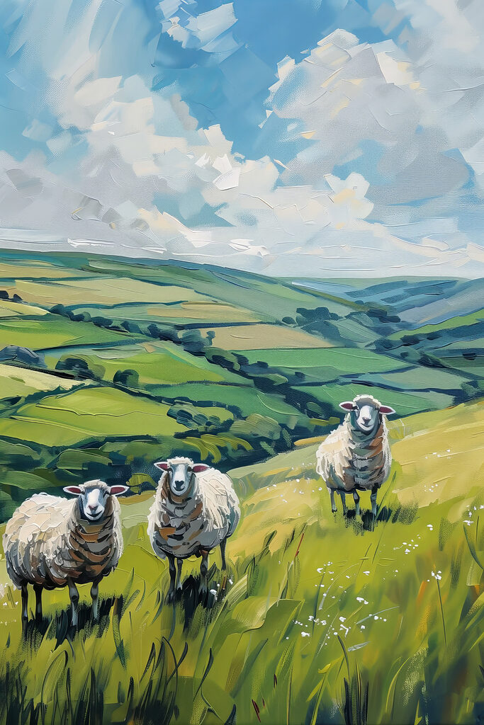 Group of sheep on a grassy hill