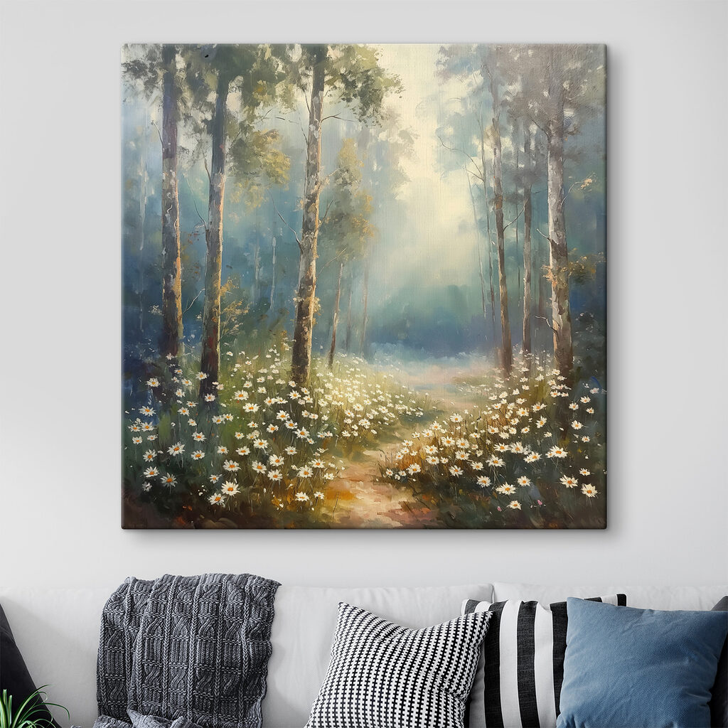 Painting of a forest with flowers and trees