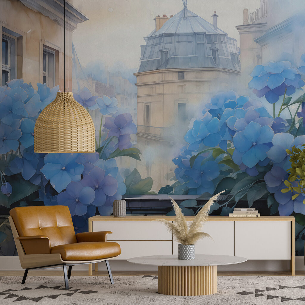 Painting of blue flowers on a balcony Painting of blue flowers on a balcony