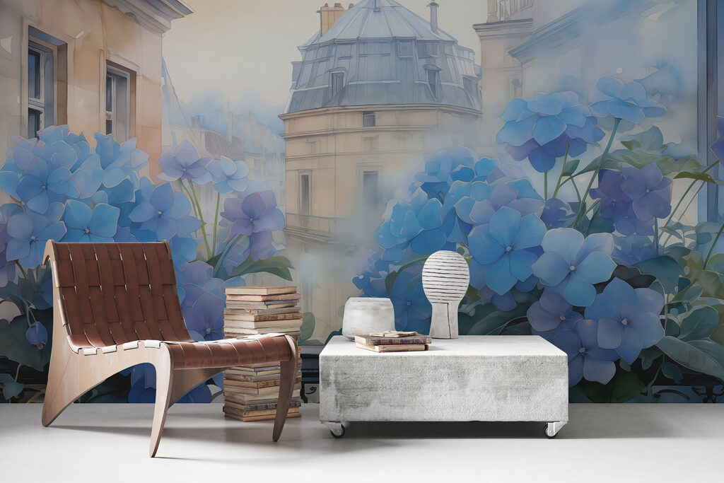 Painting of blue flowers on a balcony Painting of blue flowers on a balcony