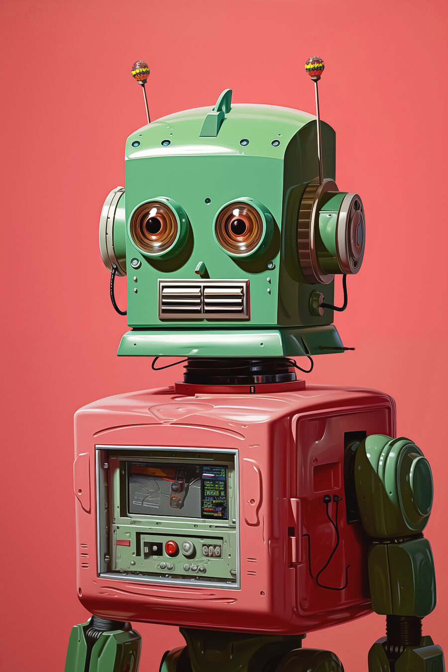 Zelený a ružový robot s veľkými očami