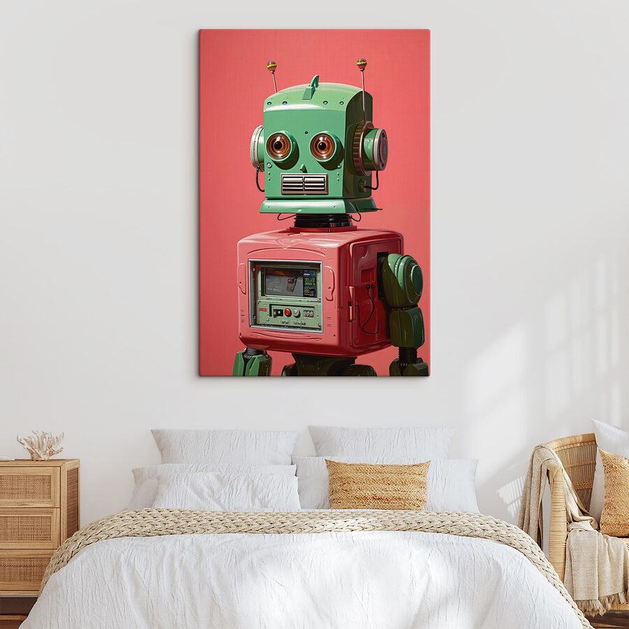 Zelený a ružový robot s veľkými očami