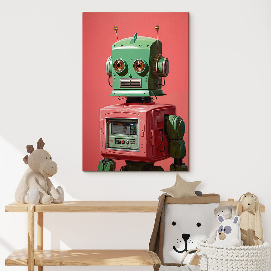 Zelený a ružový robot s veľkými očami