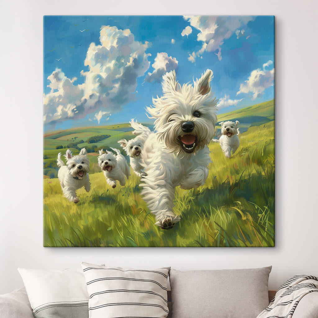 Group of white dogs running in a field Group of white dogs running in a field