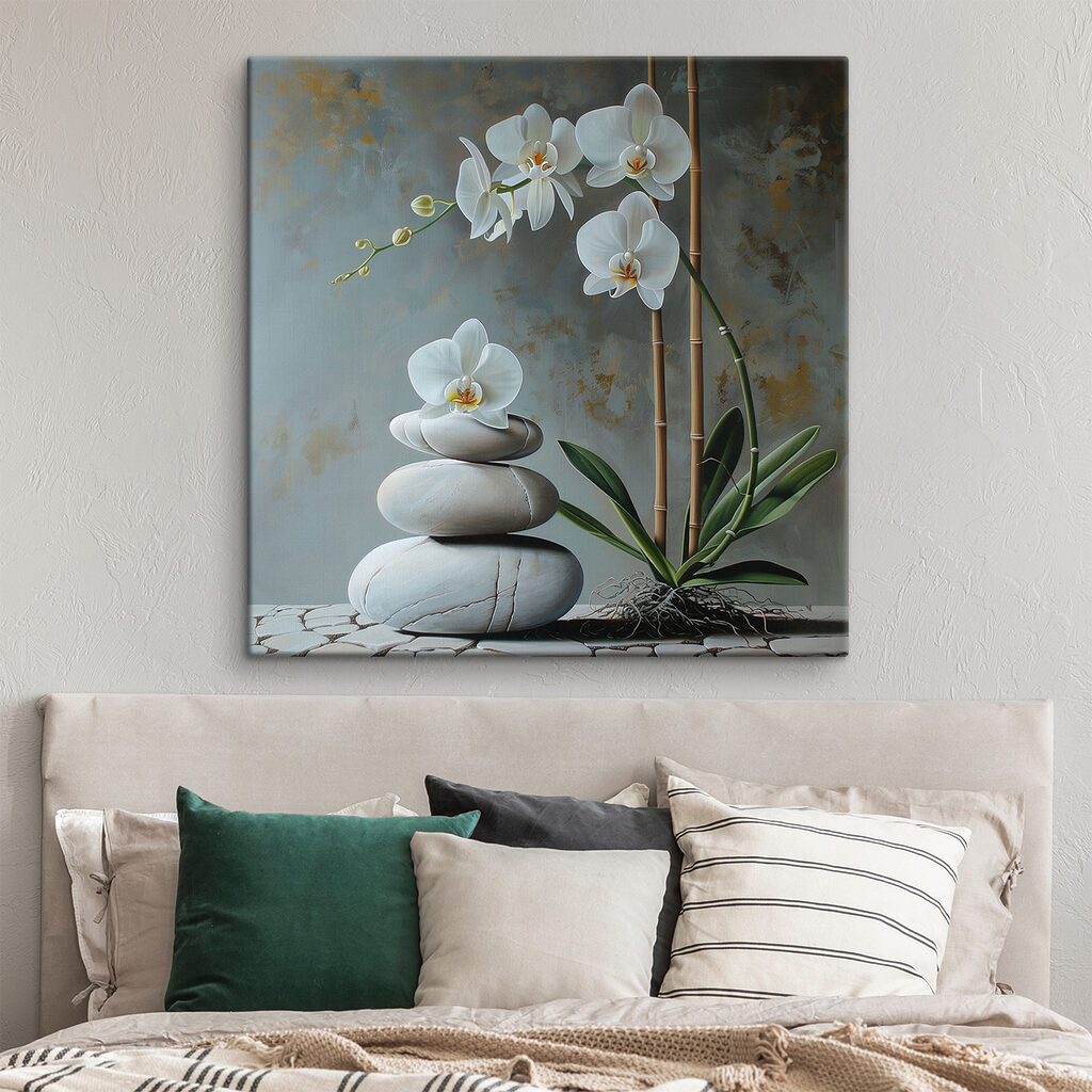 Painting of a plant and a stack of rocks