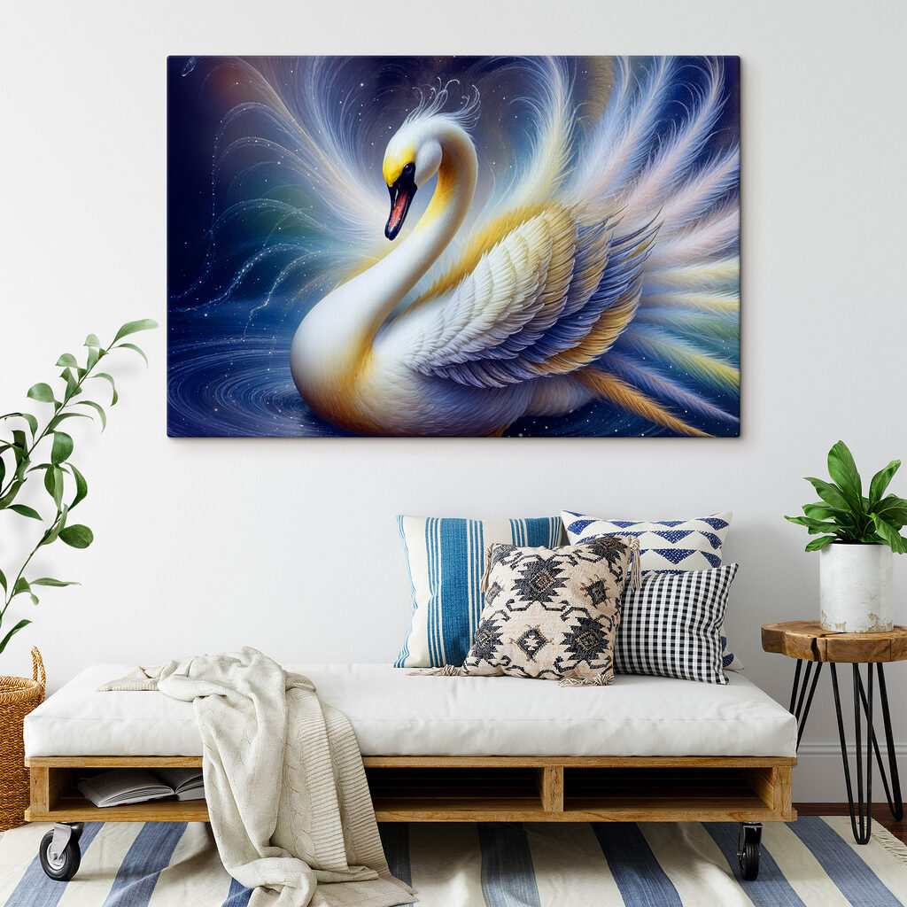 White swan with yellow and blue feathers