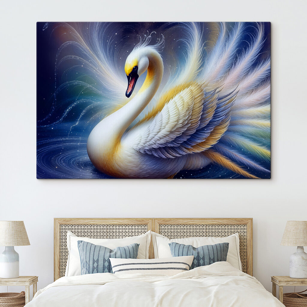 White swan with yellow and blue feathers