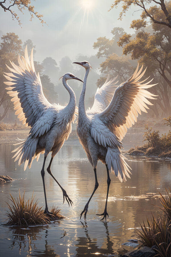 Couple of white cranes standing in a pond