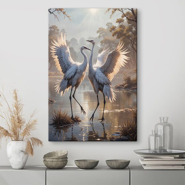 Couple of white cranes standing in a pond