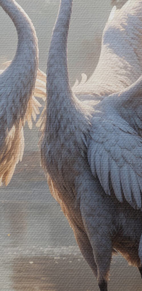 Couple of white cranes standing in a pond