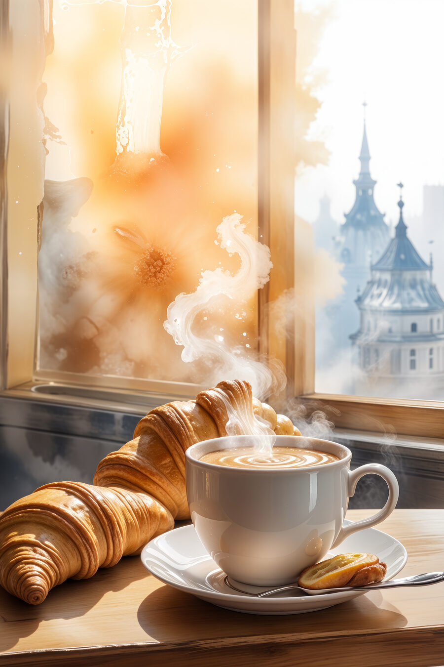 Šálka kávy a croissanty na stole