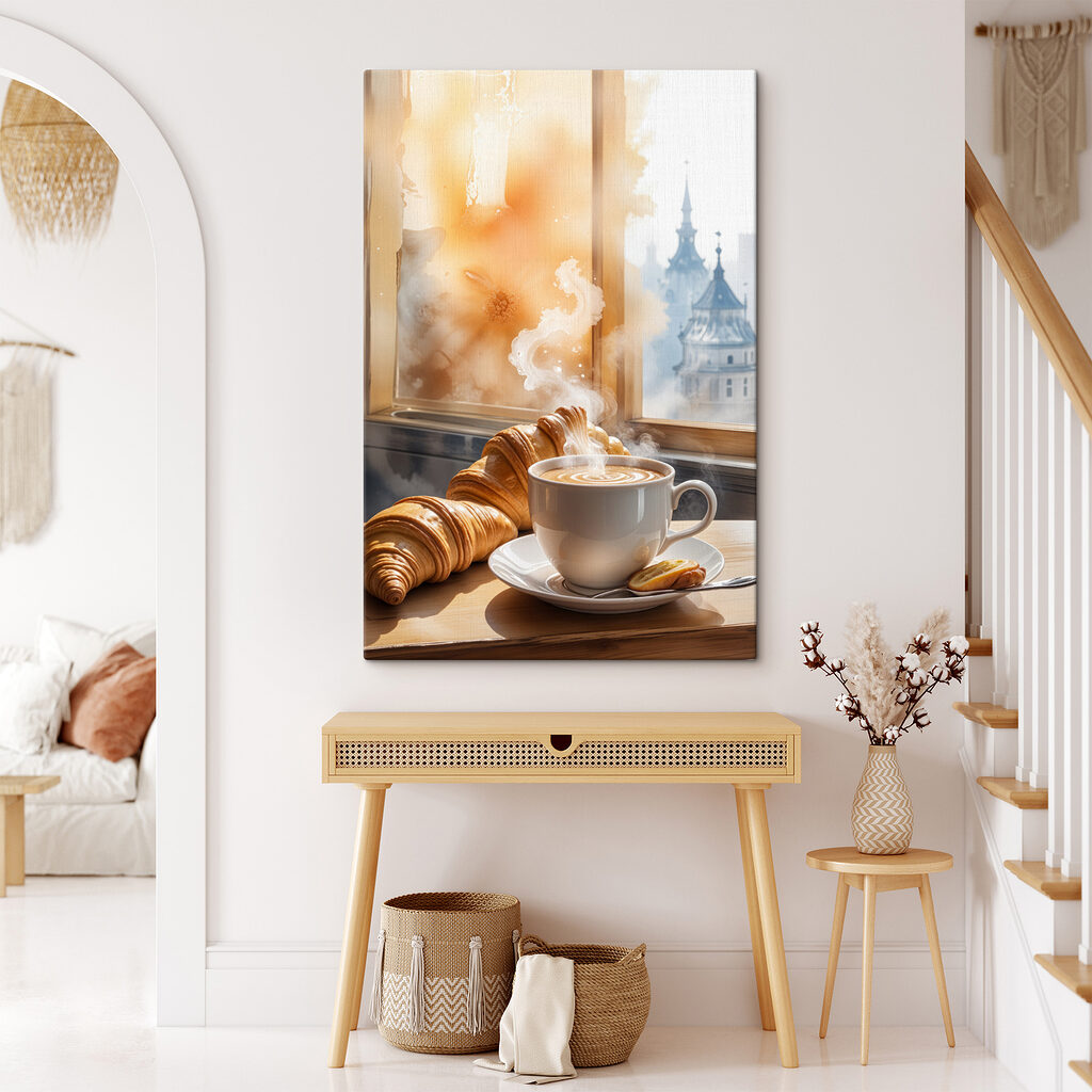 Cup of coffee and croissants on a table