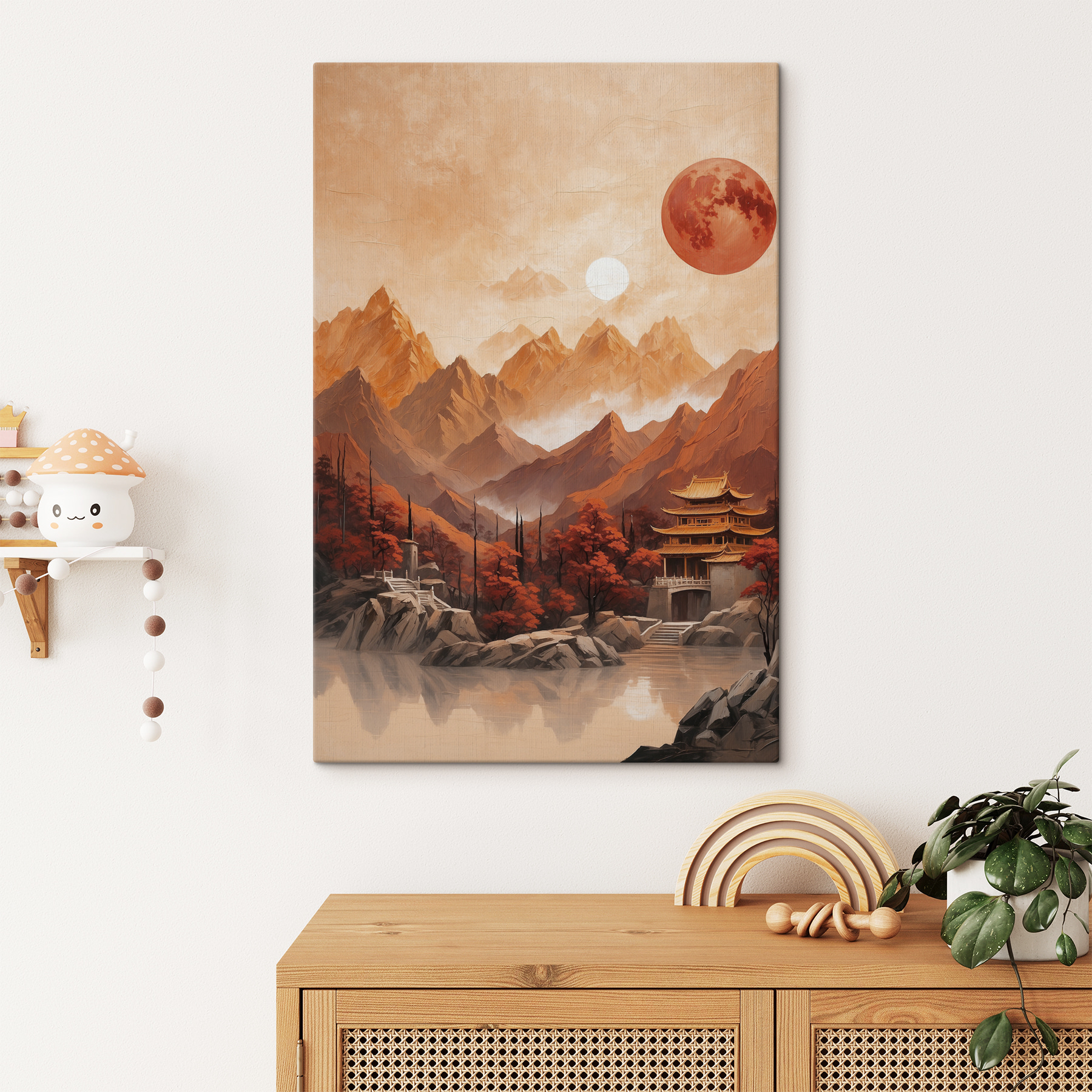 Painting of a temple in the mountains