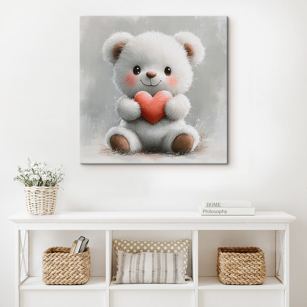 White teddy bear holding a heart