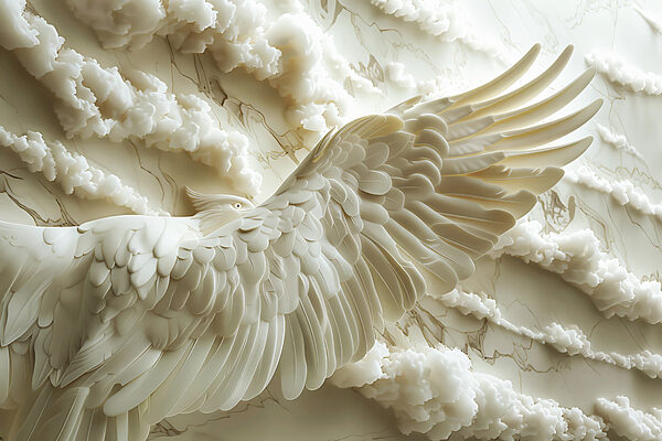 White bird with wings spread out