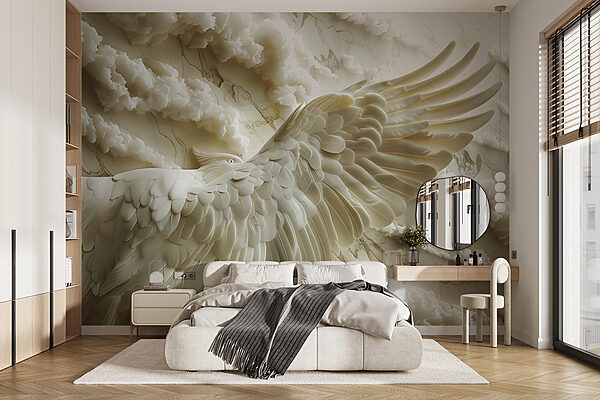 White bird with wings spread out