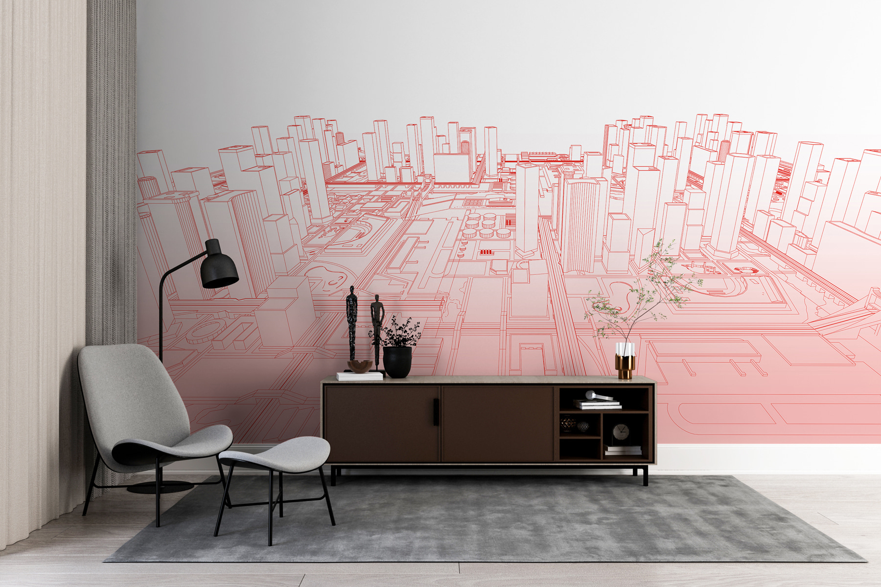 Red line drawing of a city Red line drawing of a city