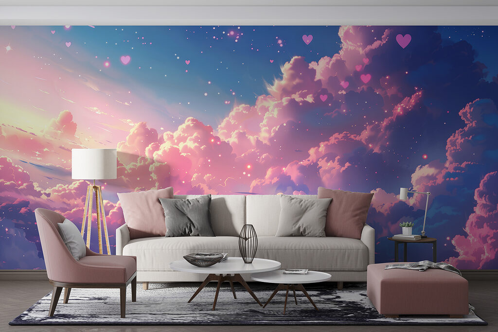 Colorful sky with clouds and hearts Colorful sky with clouds and hearts