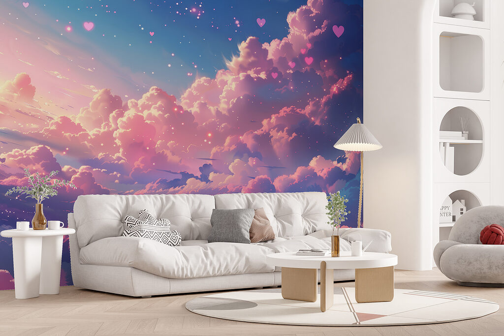 Colorful sky with clouds and hearts Colorful sky with clouds and hearts