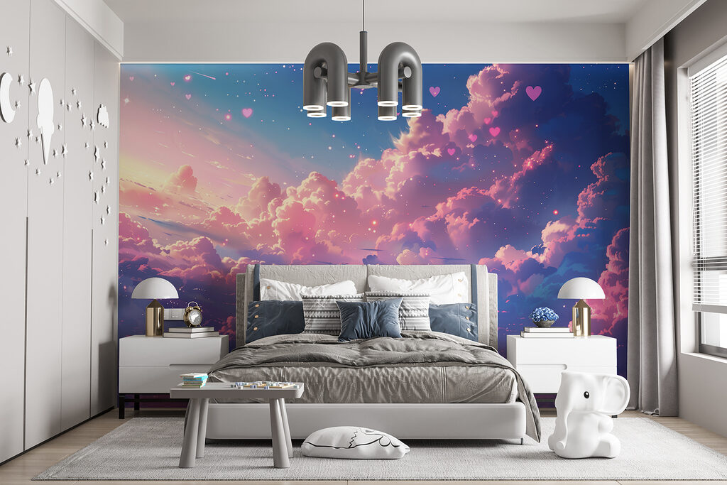 Colorful sky with clouds and hearts Colorful sky with clouds and hearts