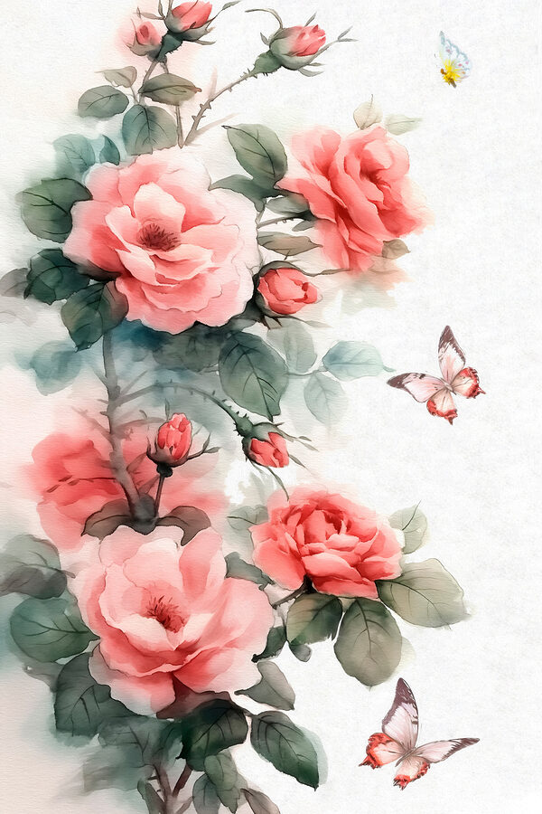 Painting of pink flowers and a butterfly