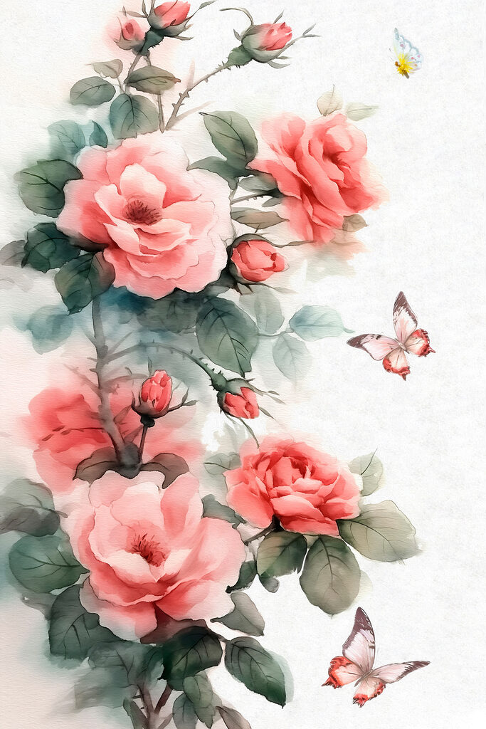 Painting of pink flowers and a butterfly