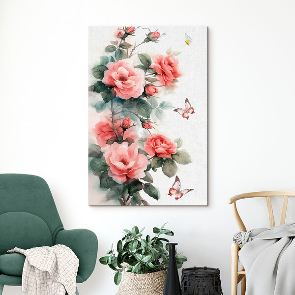 Painting of pink flowers and a butterfly