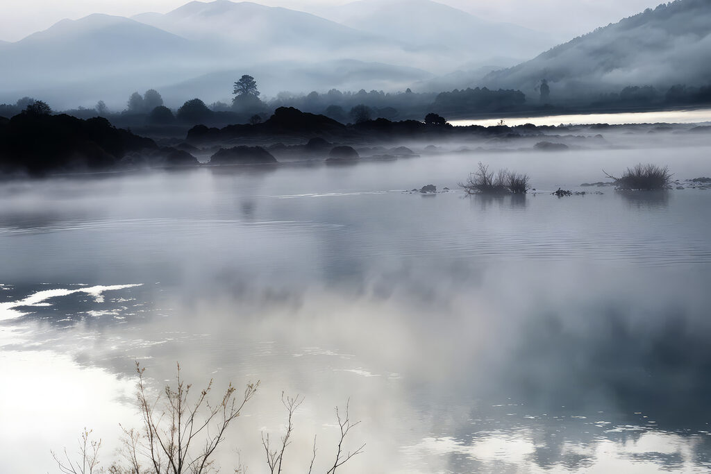 Foggy landscape with mountains and water