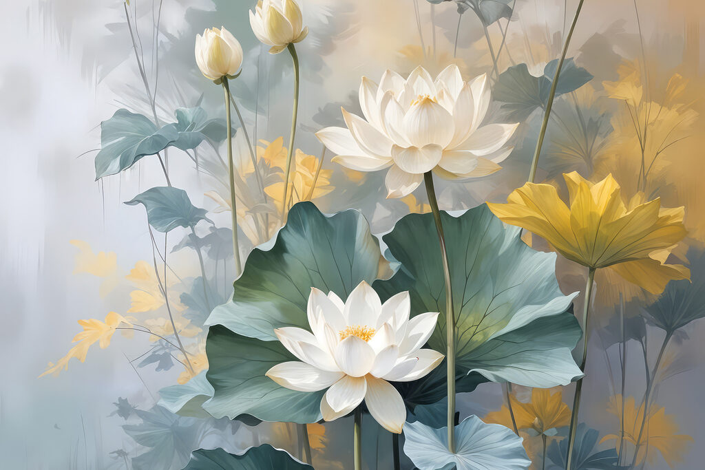 Painting of white flowers and green leaves