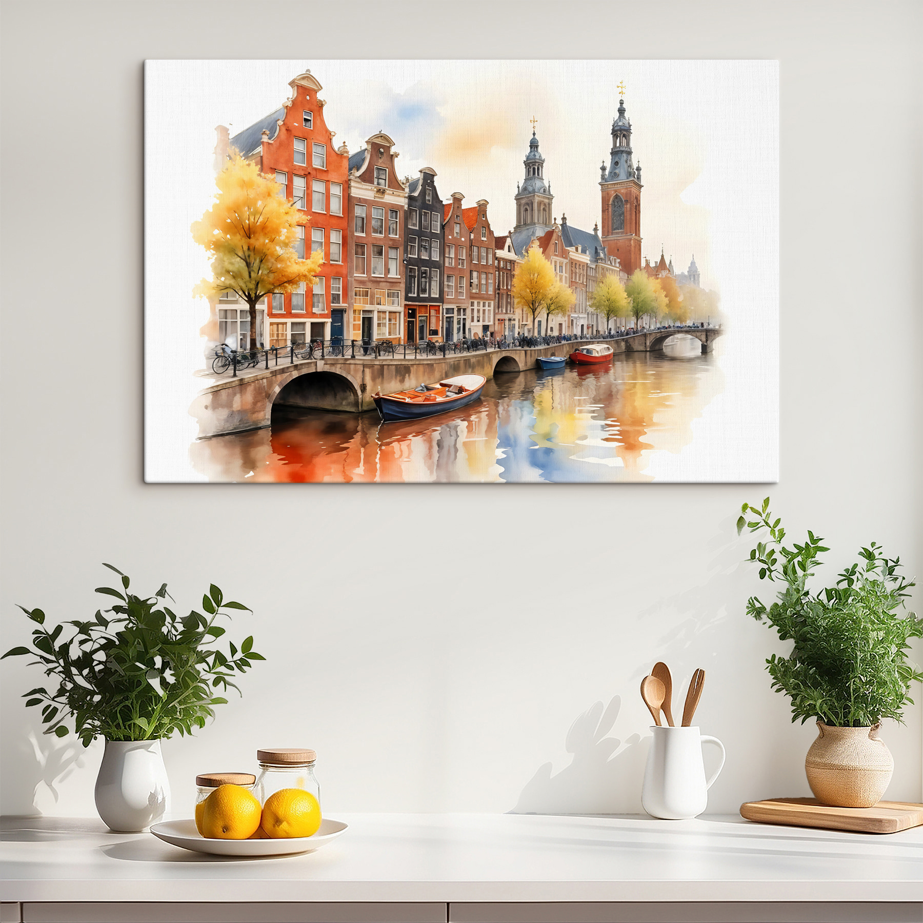 Watercolor of a canal with boats and buildings Watercolor of a canal with boats and buildings