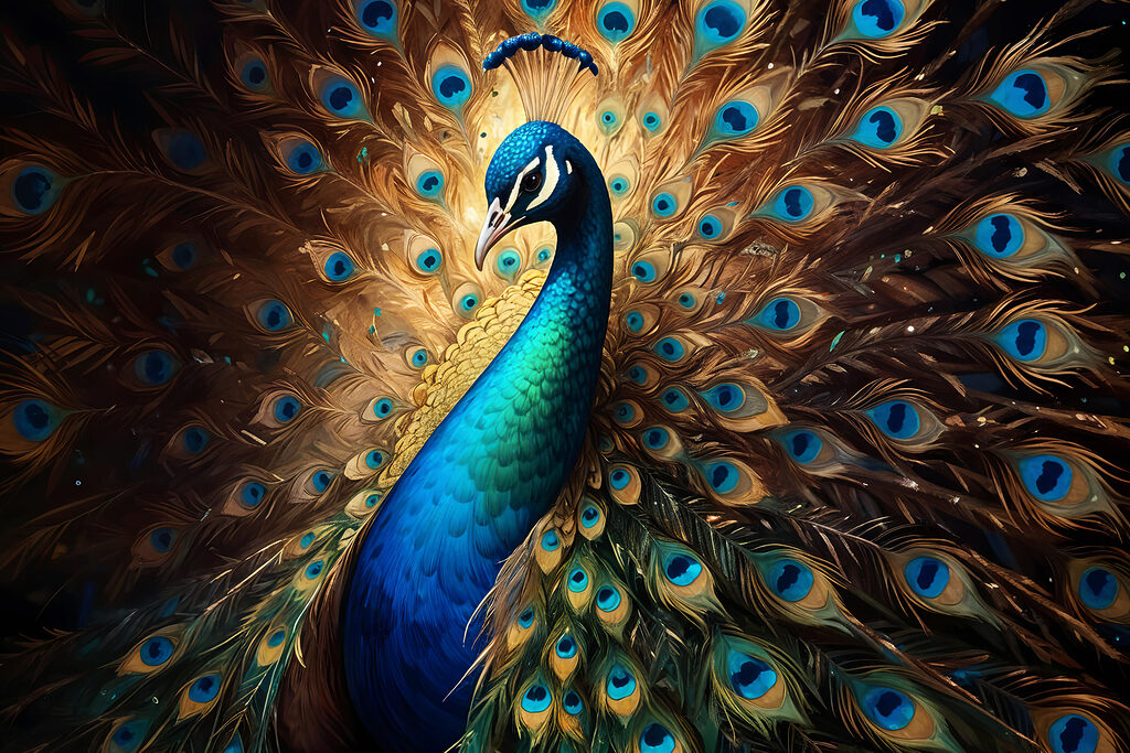 Peacock with its tail feathers spread out