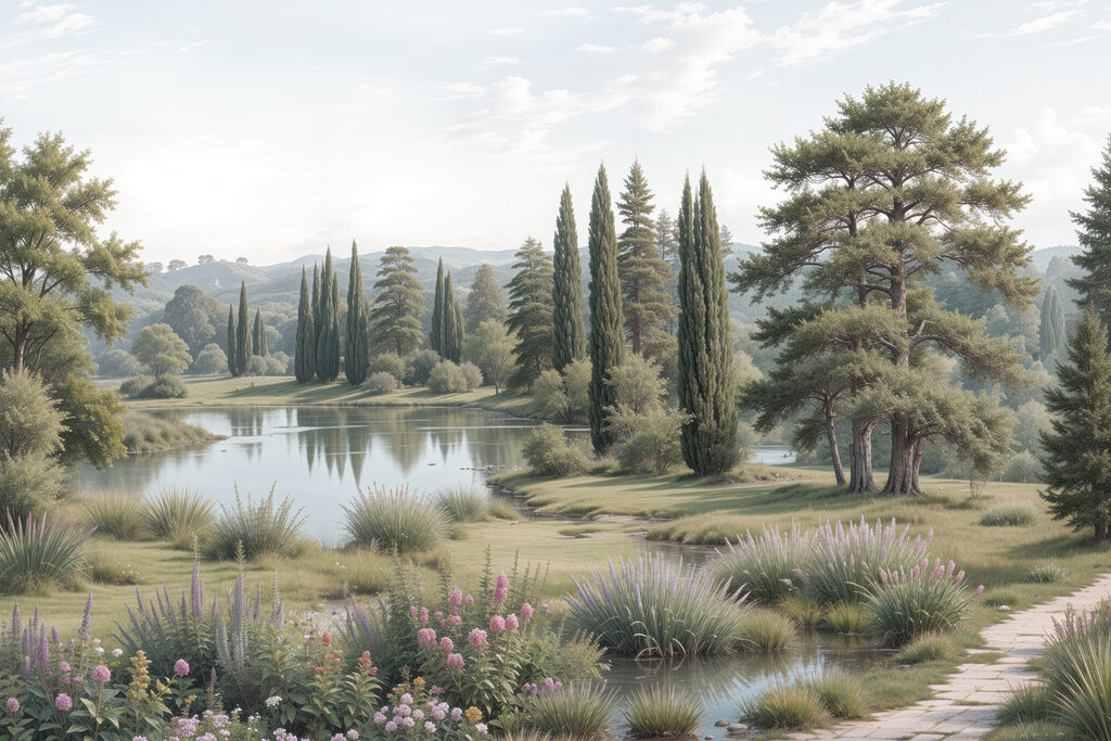 Lake with trees and grass and flowers Lake with trees and grass and flowers