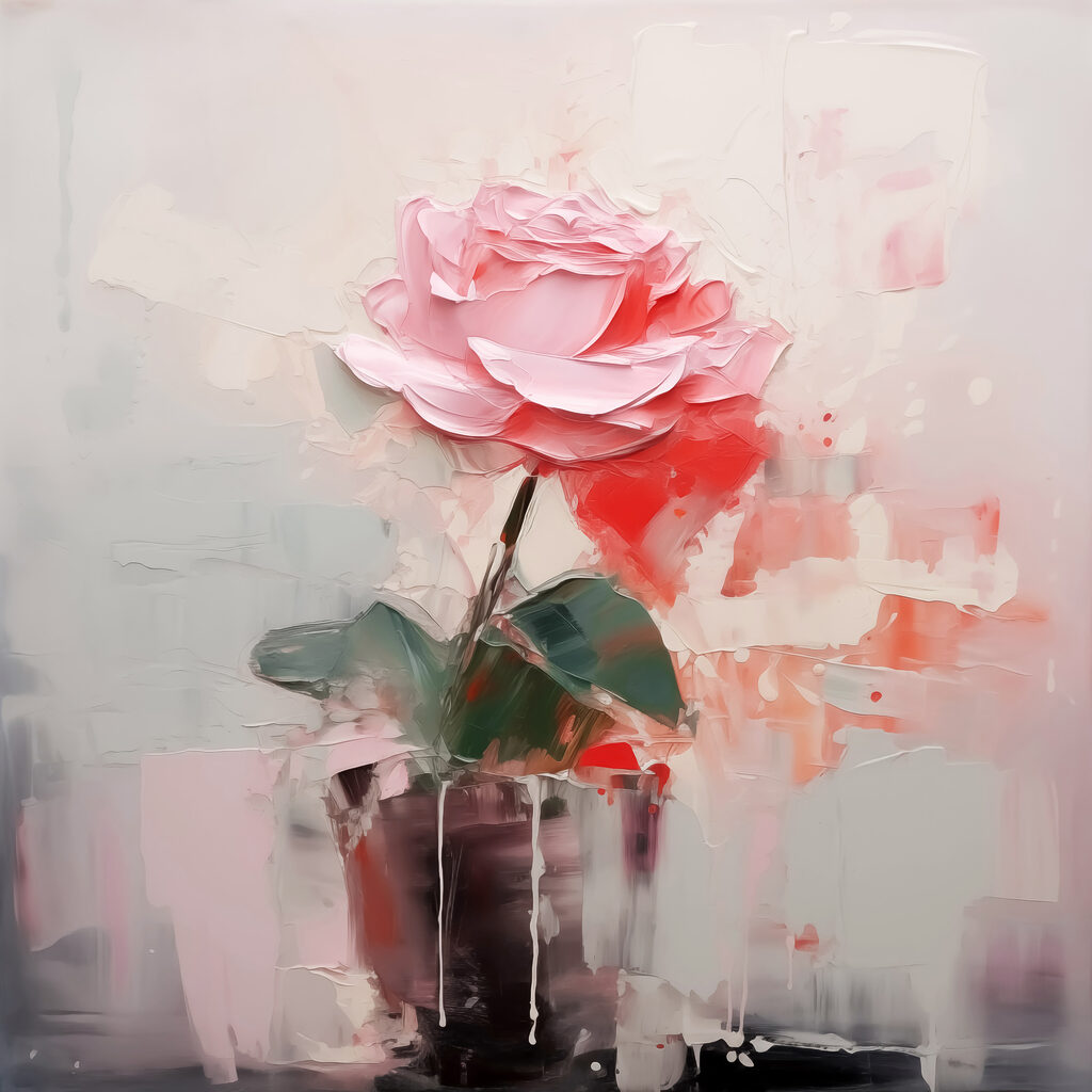 Painting of a pink rose in a pot