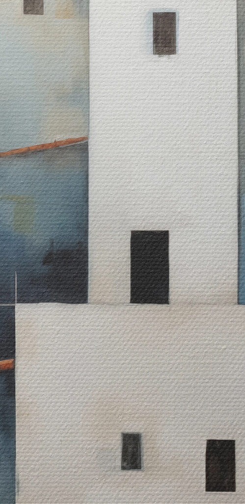 Painting of a group of buildings Painting of a group of buildings